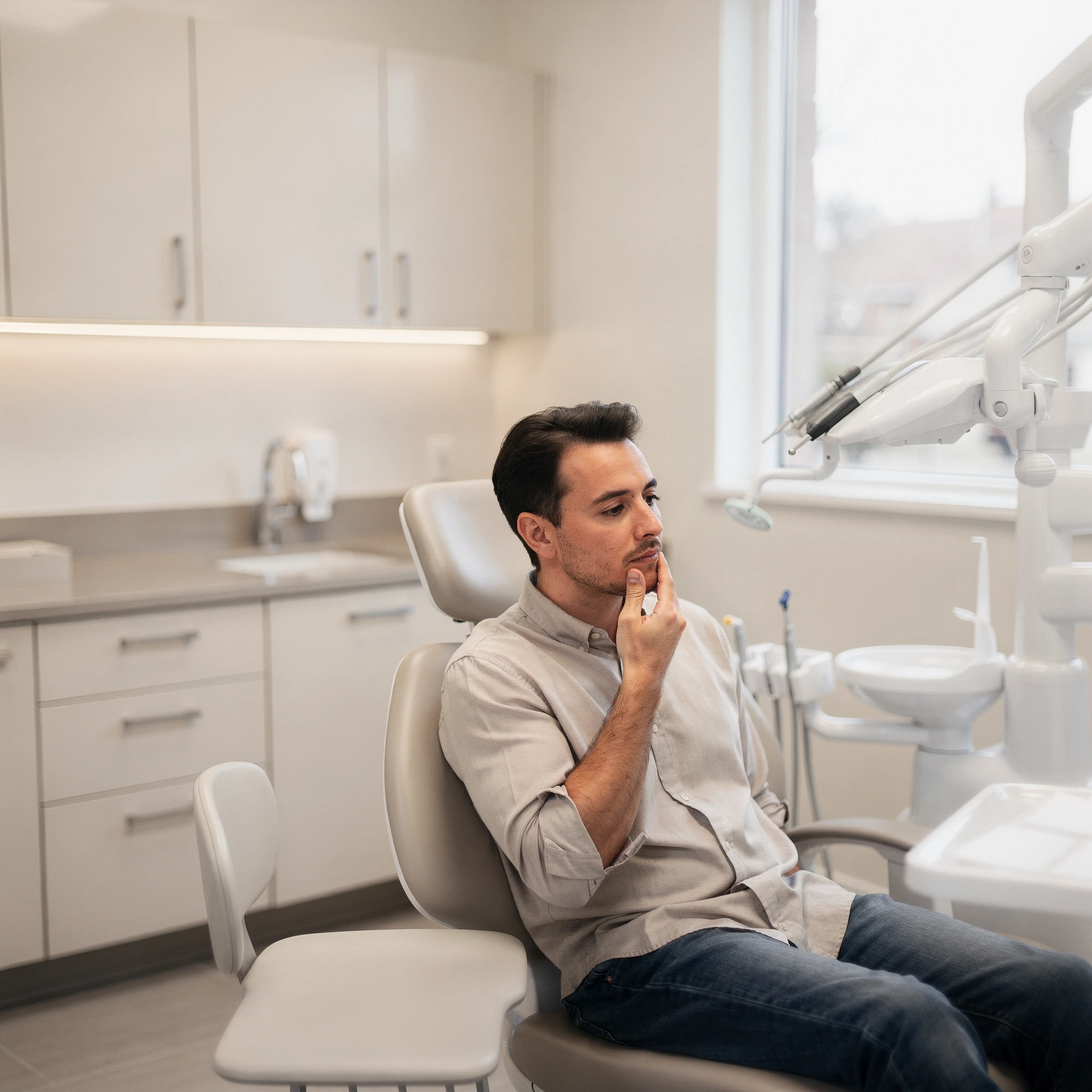 Man in dental chair experiencing tooth pain, hand to mouth, in modern treatment room